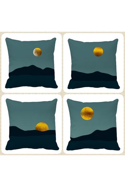 QueenHome Set de 4 huse de pernă cu model decorativ de munte, mare și lună