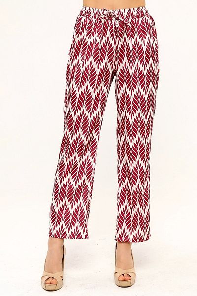 DISENTIS MODEST Leaf Patterned Satin Claret Red Women's Trousers with Elastic Waist and Rope Detail