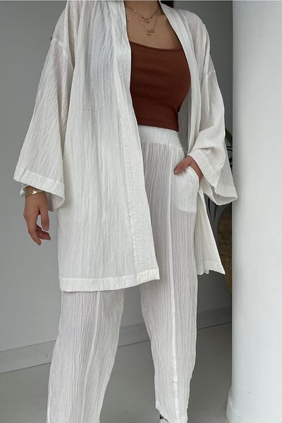 PLA STORE Set kimono cu seersucker alb pentru partea inferioară de sus