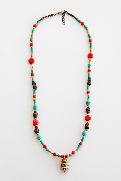 Lila Rosa Turkuaz Doğal Taşlı Otantik Hint Kolye