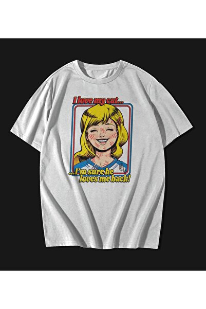 rebelberi تي شيرت مطبوع عليه عبارة "I Love My Cat" باللون الأبيض القلبي للجنسين