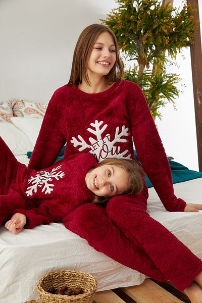 Siyah İnci Claret Red Embroidered Bottom-Top Wellsoft Pajama Set
