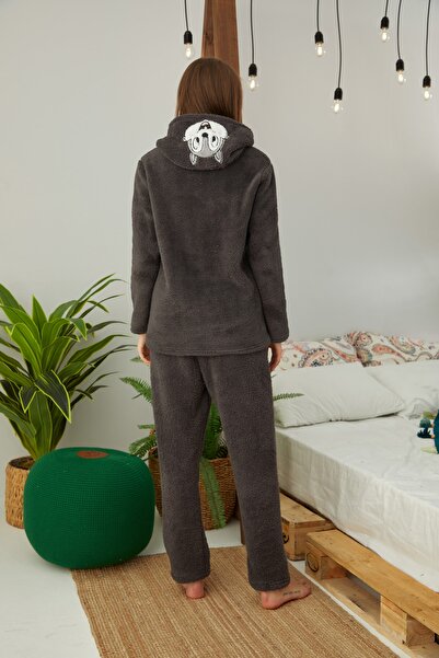 Siyah İnci Antrasit Nakışlı Alt-üst Kapişonlu Wellsoft Pijama Takım