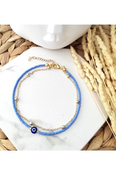 HALHALMILL Women's Blue Evil Eye Beaded Ball Chain Double Anklet