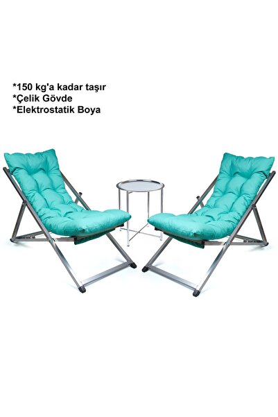 HUNDEMİR Premium Konfor Minderli Katlanır İkili Set 2 Şezlong 1 Sehpa Bahçe B...