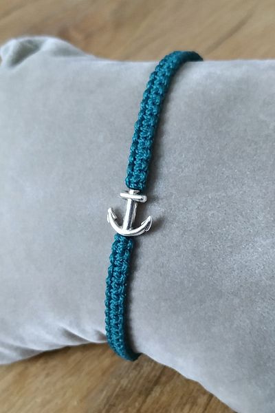 Qirpi Anchor Figured Macrame Bracelet Hand Knitted Turquoise Color 24 Cm