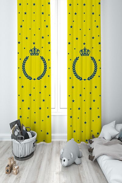 BAMBAŞKA MODA Baby and Children's Room Yellow Navy Blue Two Wing Background Curtain Bmfp-340