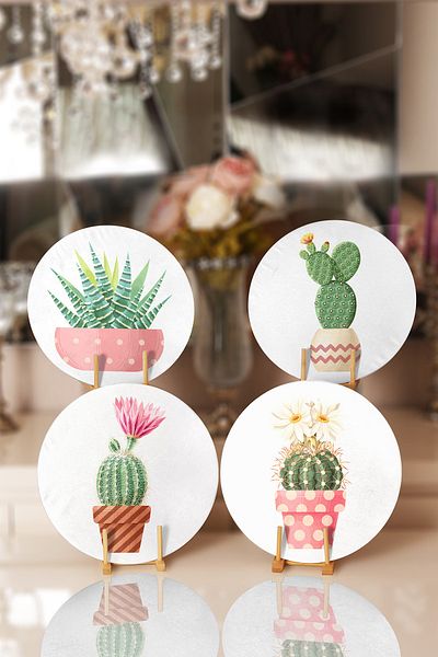 Realhomes 4-Piece Cute Potted Cactus Designed Placemat & Supla