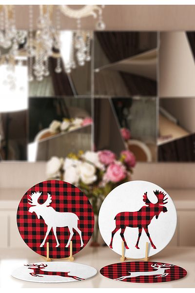 Realhomes 4-Piece Plaid Deer Patterned Placemat & Plate