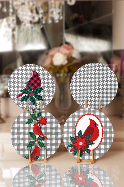 Realhomes 4-Piece Gray Plaid Floored Bird Designed Placemat & Supla