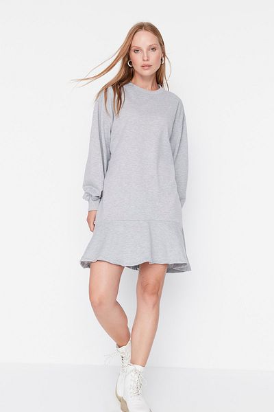 Trendyol Collection Gray Melange Flounce Hem Mini Knitted Dress TWOAW23EL00699