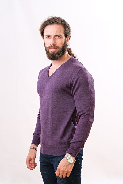 Çukurova 100% Wool V-Neck Sweater - Purple