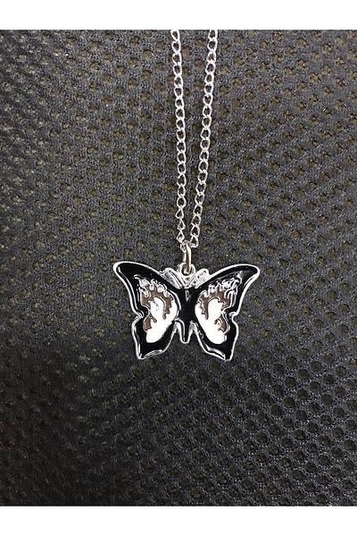 Köstebek Retro Vintage Aesthetic Black White Butterfly Chain Necklace