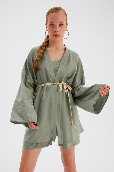 Sateen Green Casual Kimono - Belt Detailed