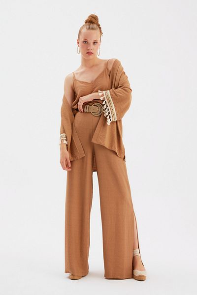 Sateen Beige Slit Linen Trousers