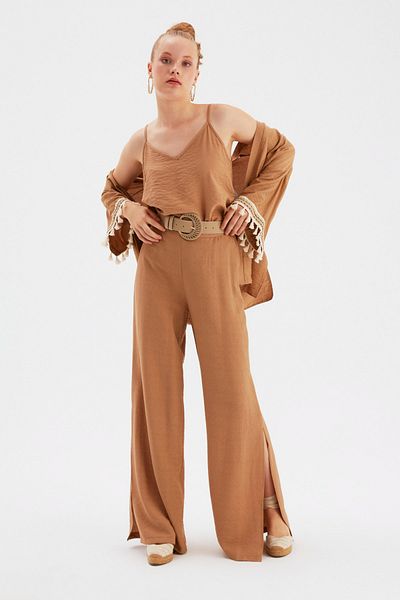 Sateen Beige Slit Linen Trousers