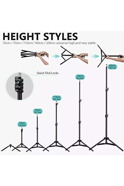 Enshall Bluetooth Kumandalı Tripod 2.1 Metre Metal Ring Lıght Lamba Ayağı 360 Döner Başlıklı Telefon Tutucu