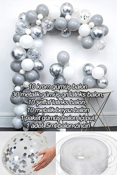 Parti dolabı Gray-white Silver Balloon Chain Set (10 CHROME 30 METALLIC GRAY, 10 TRANSPARENT, 10 WHITE BALLOON WAXES AND CHAIN)
