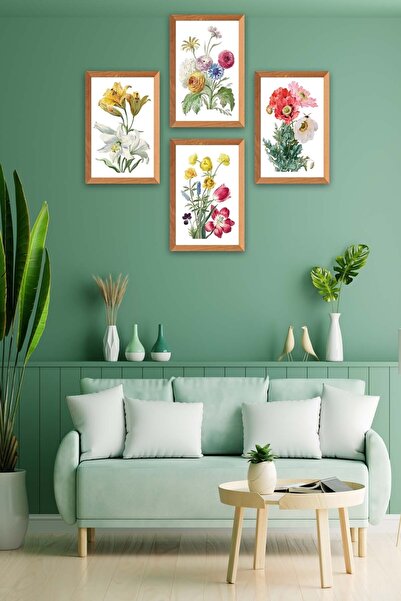 Conceptione 4 Parça Suluboya Tarzında Çiçek Desenli Ahşap Çerçeve Görünümlü U...