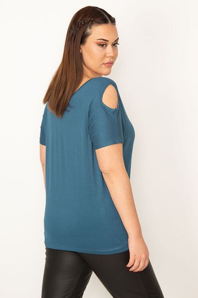 Şans Women's Large Size Petrol Shoulder Low-cut Viscose Blouse 65n30102