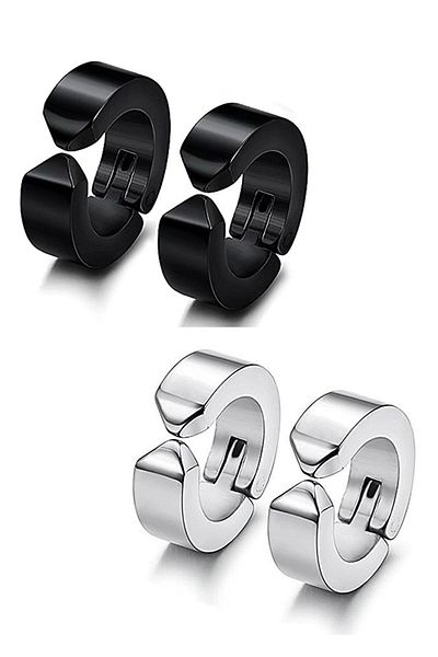 The Collection Unisex Compressed Unisex Non-Hole Steel Hoop Earrings - 2 Pairs Sold