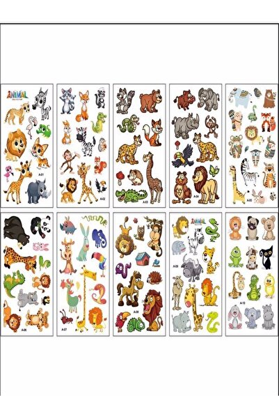 Bluoksweet 10 Farklı Yaprakta 100 Civarı Figür Sevimli Çizgi Geçici Çocuk Dövme (animal)