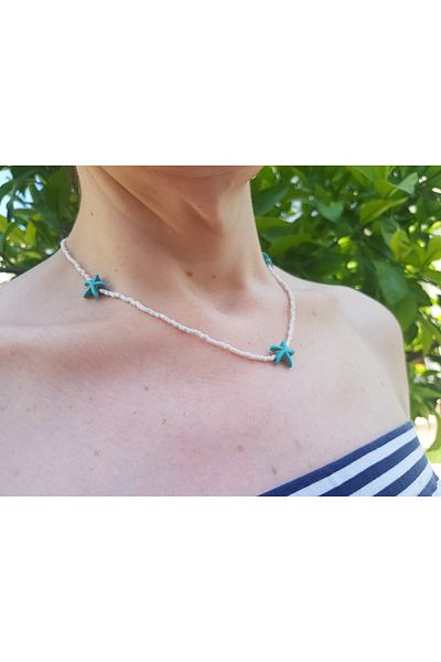 Selin Handmade Beads Blue Agate Natural Stone Star Necklace