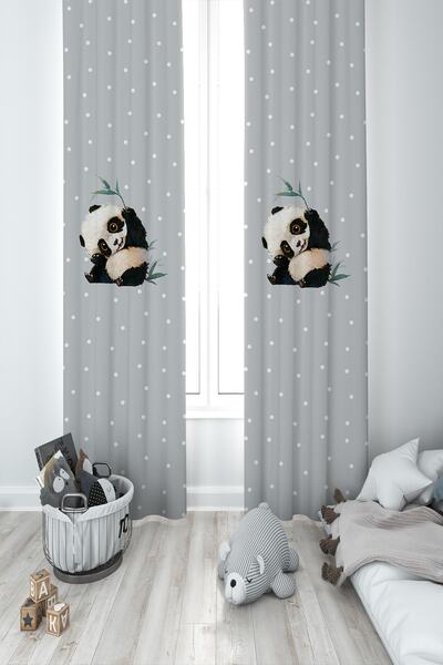 BAMBAŞKA MODA Bebek Ve Çocuk Odası Sevimli Panda Iki Kanat Fon Perde Bmfp-309