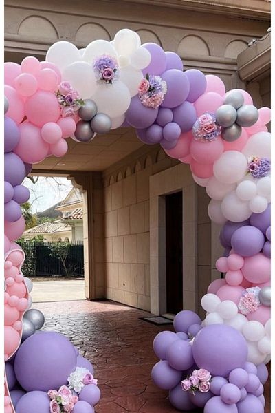 MERİ PARTİ Pink Lilac White Chrome Silver Balloon And Balloon Chain