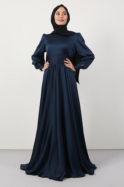 Giza Giyim Βραδινό φόρεμα με πλισέ σατέν στη μέση Navy Blue
