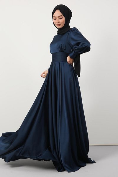 Giza Giyim Βραδινό φόρεμα με πλισέ σατέν στη μέση Navy Blue
