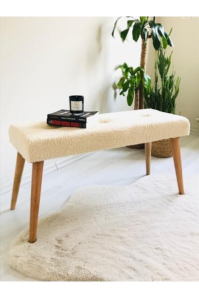 WEBPANYA Ahşap Ayaklı Handmade Geniş Oturum Alanlı Krem Tedy Kumaş Pofidik Puf Bench Koltuk