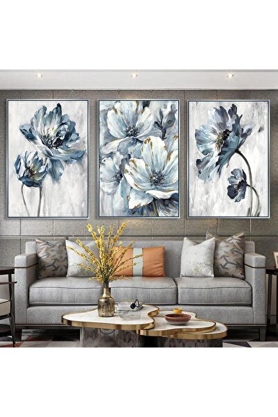 Markazip Gümüş Metal Çerçeveli 50x70cm Üçlü Soyut Kanvas Tablo Kod: Cb5523s-k