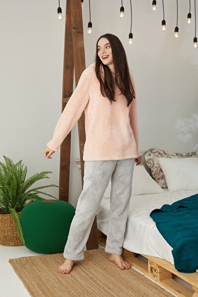 Siyah İnci Embroidered Bottom-Top Hooded Wellsoft Pajama Set
