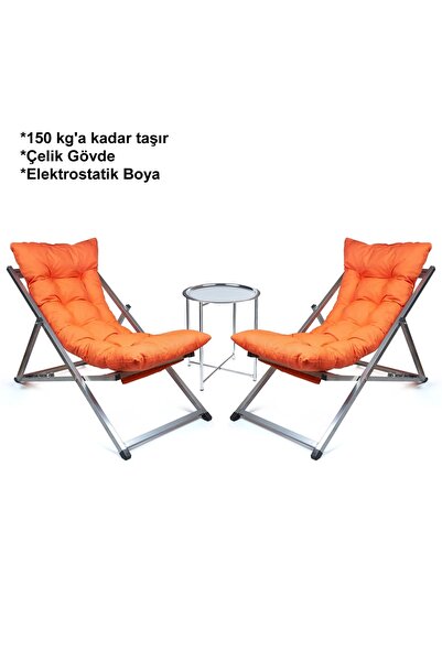 HUNDEMİR Premium Konfor Minderli Katlanır İkili Set 2 Şezlong 1 Sehpa Bahçe B...