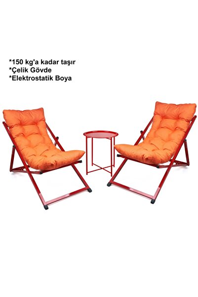 HUNDEMİR Premium Konfor Minderli Katlanır İkili Set 2 Şezlong 1 Sehpa Bahçe B...