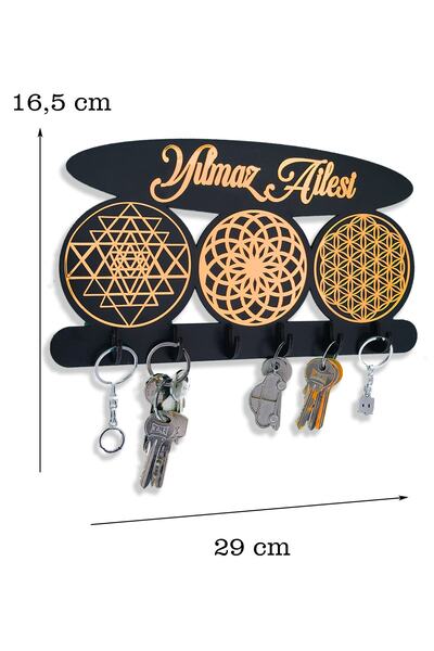 GEEG Yaşam Çiçeği Sri Yantra Ve Torus Nefesi Ahşap Anahtarlık Askısı - Isme Özel Aynalı Altın Pleksi