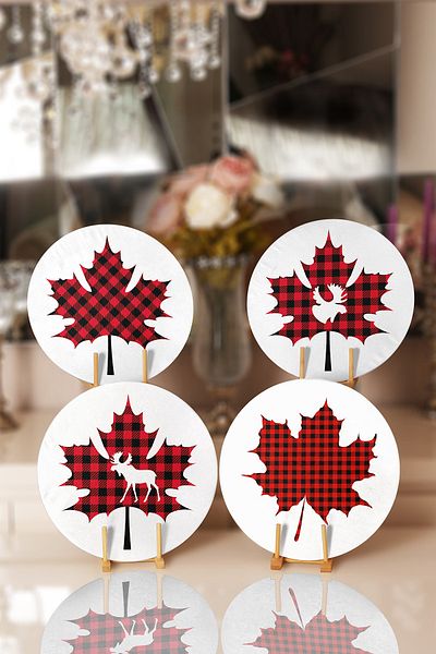 Realhomes 4-Piece Plaid Leaf Designed Placemat & Supla