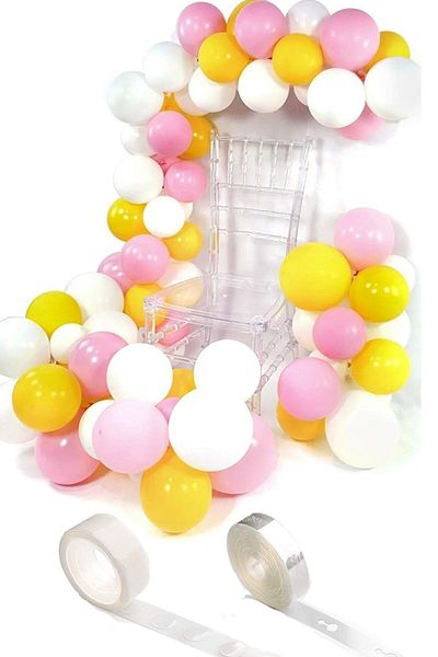 Parti dolabı 45 Balloon Chain: (15 Metallic Yellow, 15 Macarons Pink, 15 Matte White Balloons, Chain, Adhesive)