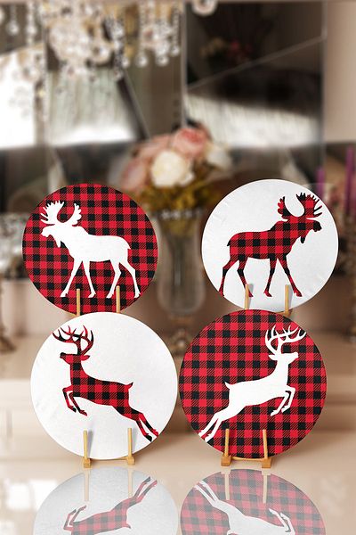 Realhomes 4-Piece Plaid Deer Patterned Placemat & Plate