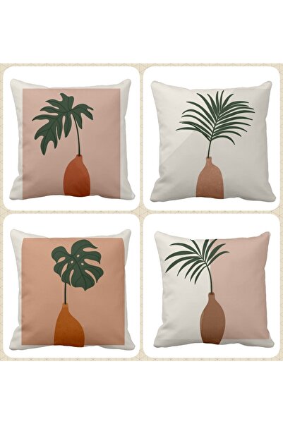 QueenHome Set de 4 huse de pernă decorative cu model de vază imprimat digital