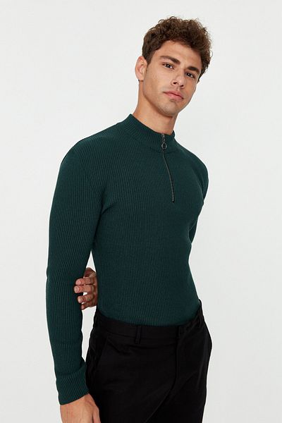 Trendyol Collection Smaragdgrüner Cordpullover – schmale Passform, Baumwolle, halber Rollkragenpullover, Reißverschluss TMNAW20KZ1034