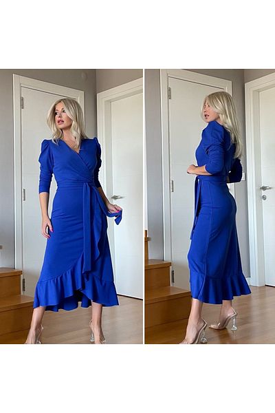 Trendusfashion Rochie din crepon cu curea lungă cu mâneci lungi