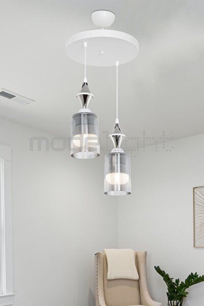 Modelight Akses Beyaz Karo Krom 2li Füme Camlı Avize Salon-oturma Odası-çocuk...