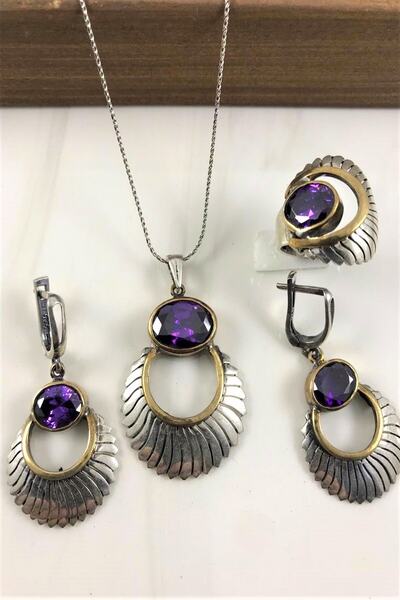 Doğan Silver Mor Taşlı Güneş Tasarım Elişi Gümüş Set Dgn21549