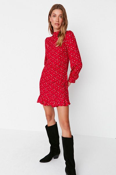 Trendyol Collection Piros, magas gallérú, szőtt mini ruha TWOAW23EL01315