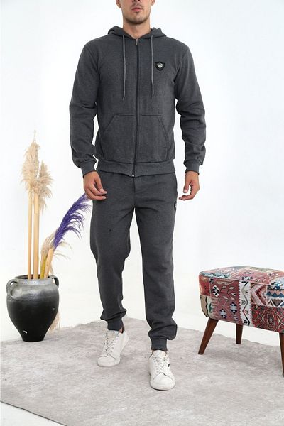 GOOD FASHION Men's Smoked Zippered 3 Thread Thick Fabric Raised Tracksuit Set
