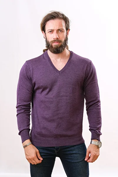 Çukurova 100% Wool V-Neck Sweater - Purple