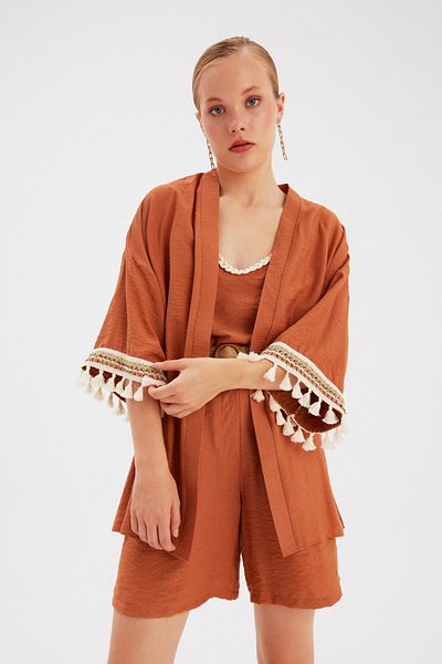 Sateen Tan Casual Linen Kimono - Sleeve Detailed