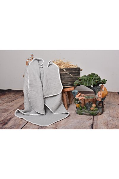 Müslin Bebek Battaniyesi, Ponponlu, 6 Katlı Müslin,95x95 Cm,0-36 Ay , Gri